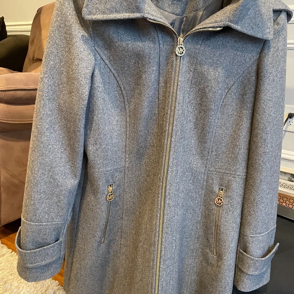 Michael Kors MK Gray Zip Up Trench Long Wool Pea Coat Gold Hardware hood jacket